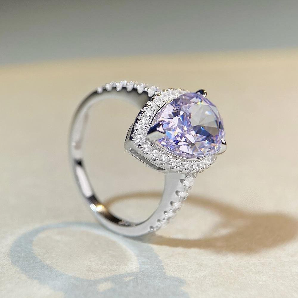 S925 sterling silver pear-shaped ring lavender purple high carbon diamond gemstone diamond ring European and American fashion zircon ring