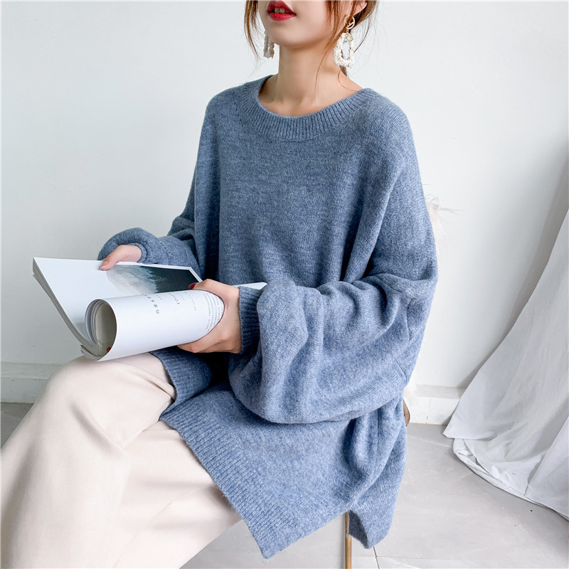 Navy Oversized Crew Collar Balloon Cuff Knit Jumper