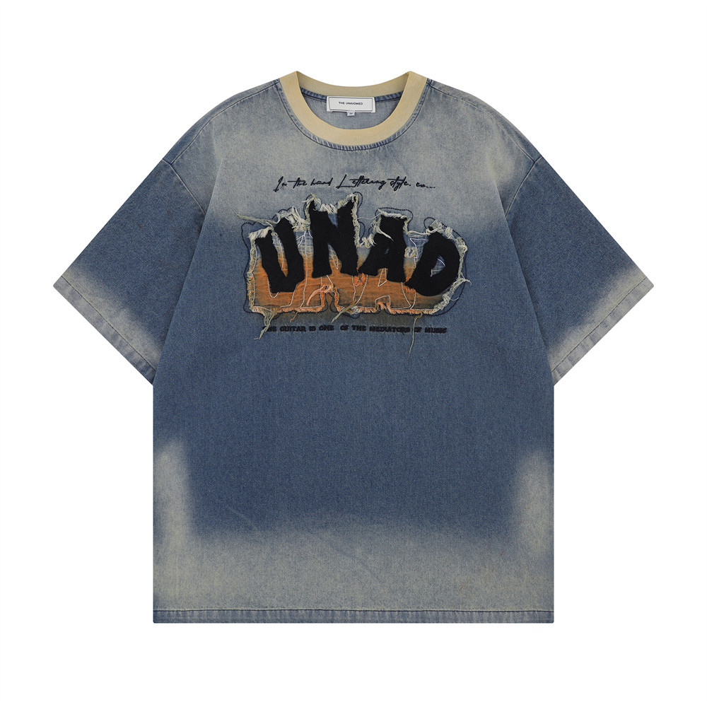Letter Patch Embroidery Short Sleeve T-Shirt Men's Summer Trendy High Street Loose Gradient Color Block Crew Neck Top