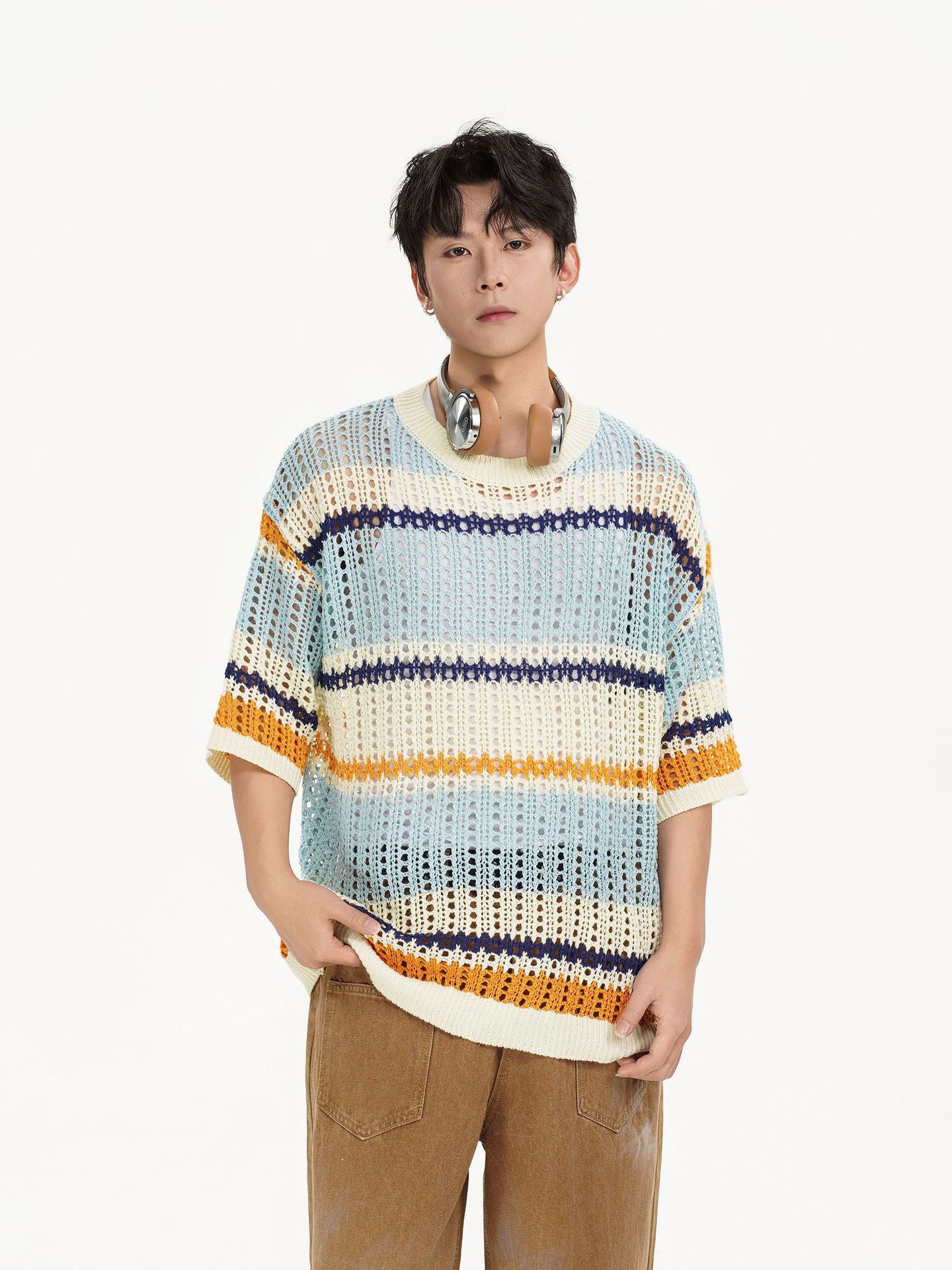 Mens American Vintage Cutout Two-Tone Striped Crew Tee