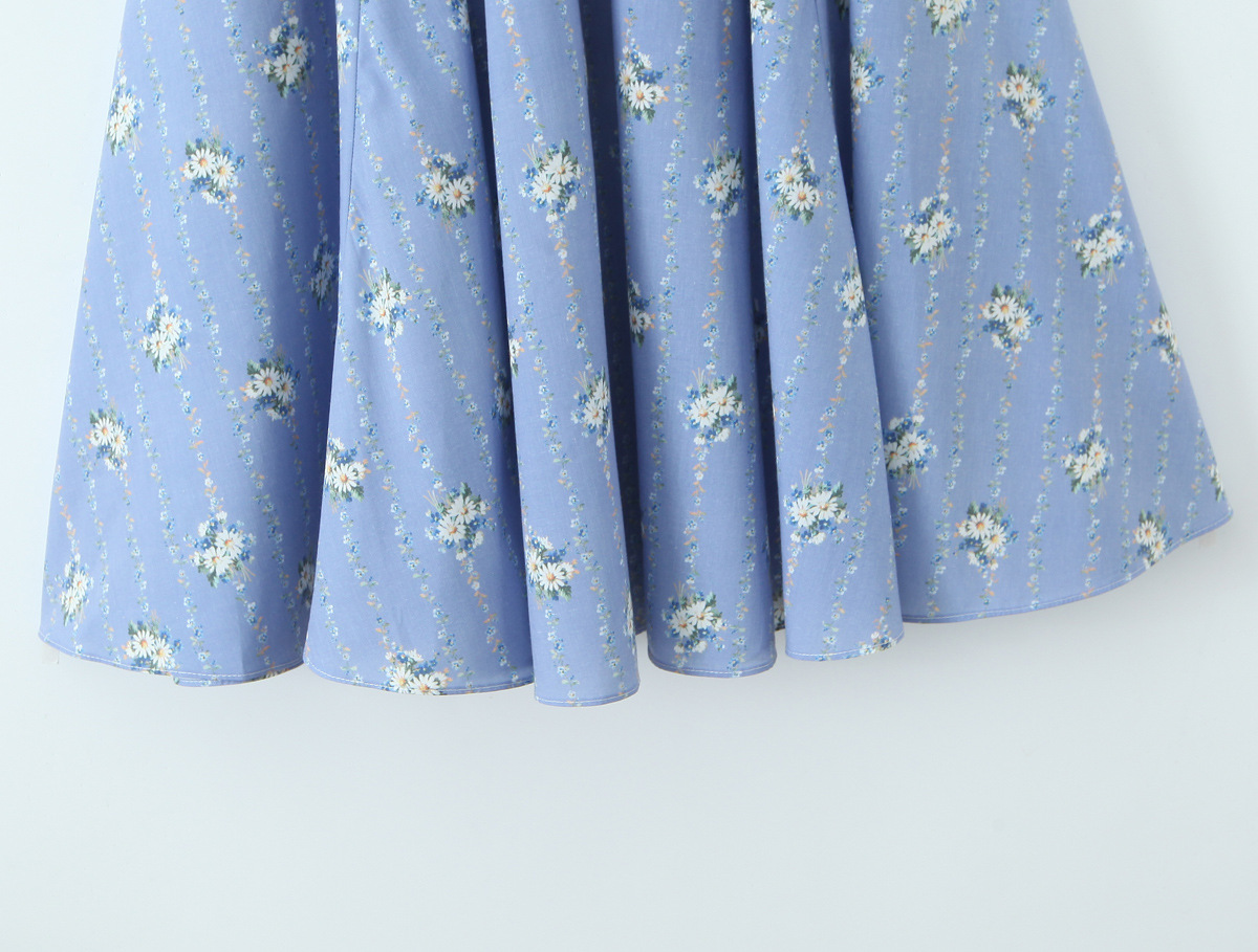 Women's Clothing Vintage Blue Small Chrysanthemum Mid-length Dress