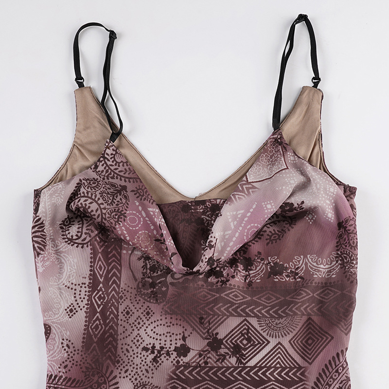 Vintage Print Irregular Hem Lace-Up Mesh Dress with Ruffle Edge and Strapless Design