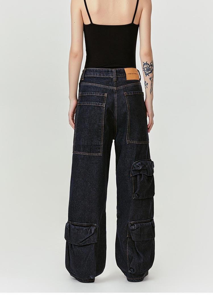 Washed Leg White Faded Multi-Pocket Straight Tapered Jeans Long Pants