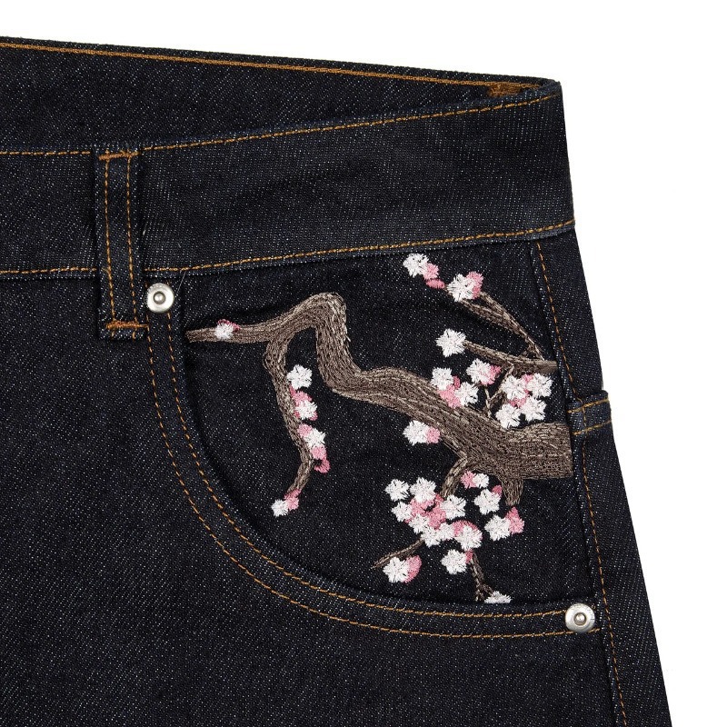 Brand derschutze Casual Long Pants Plum Blossom Embroidery Street Denim Pants Loose Wide-leg Pants for Men