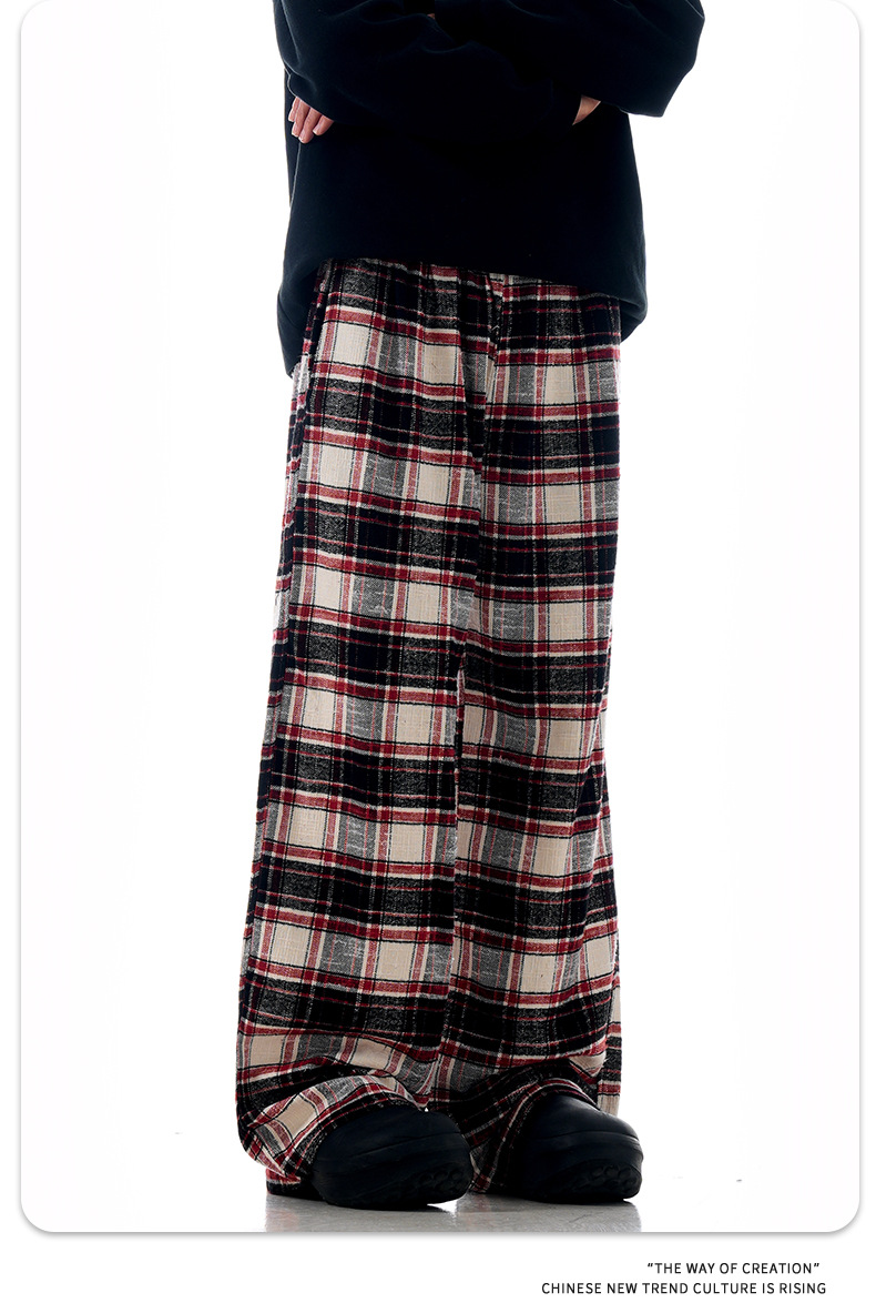 Block Red Plaid Drawstring Straight Casual Pants Unisex Pure Cotton Lazy Style Slimming Long Trousers