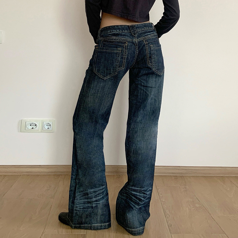 Vintage pleated washed denim jeans with loose fit and low waisted design for the street