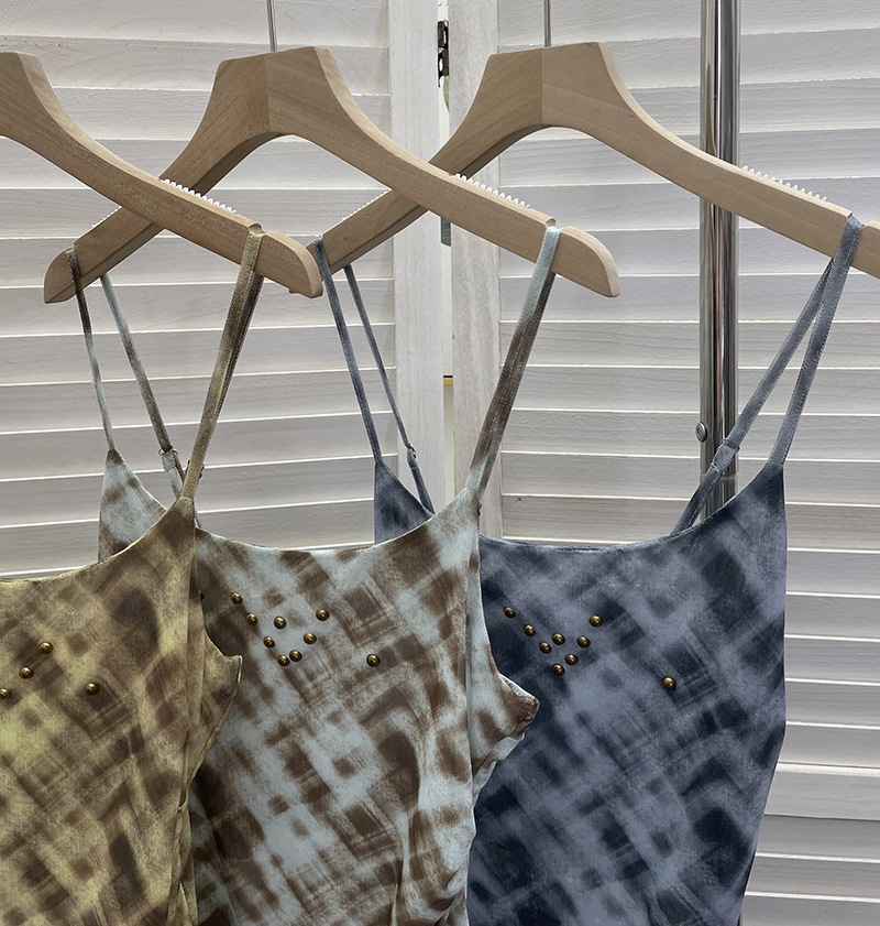 Irregular Rivet Mesh Camisole Dress with Ruffle Strap Sleeveless Top