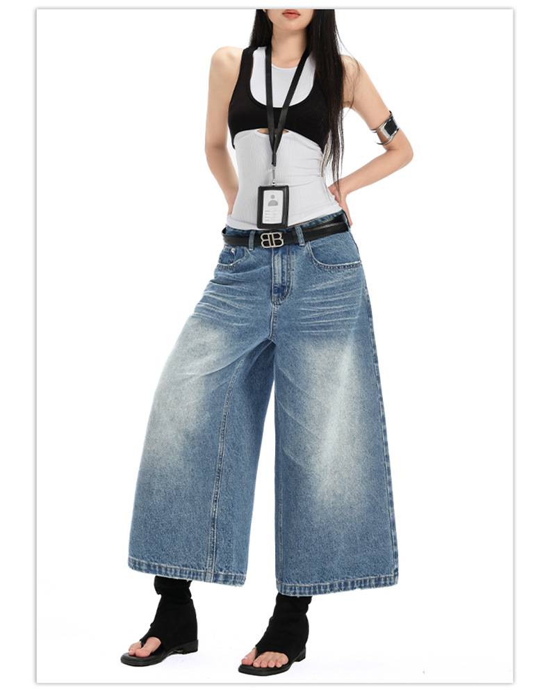 Denim Cropped Pants for Women High Street Relaxed Fit Straight Leg Wide-Leg Mid-Length Pants