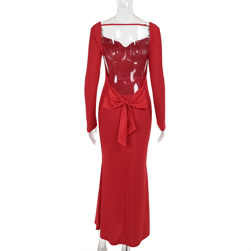 Full Sleeve V-Neck Bow Back Pencil Dress