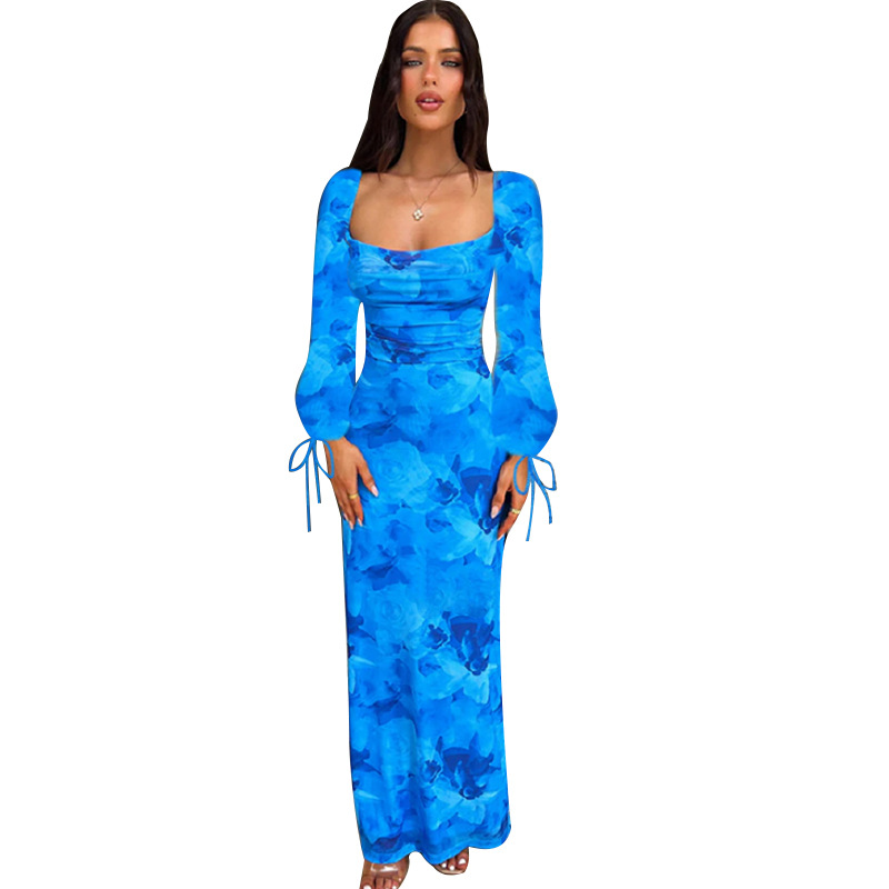 Bell-Sleeved Patterned Open Back Tie Dress
