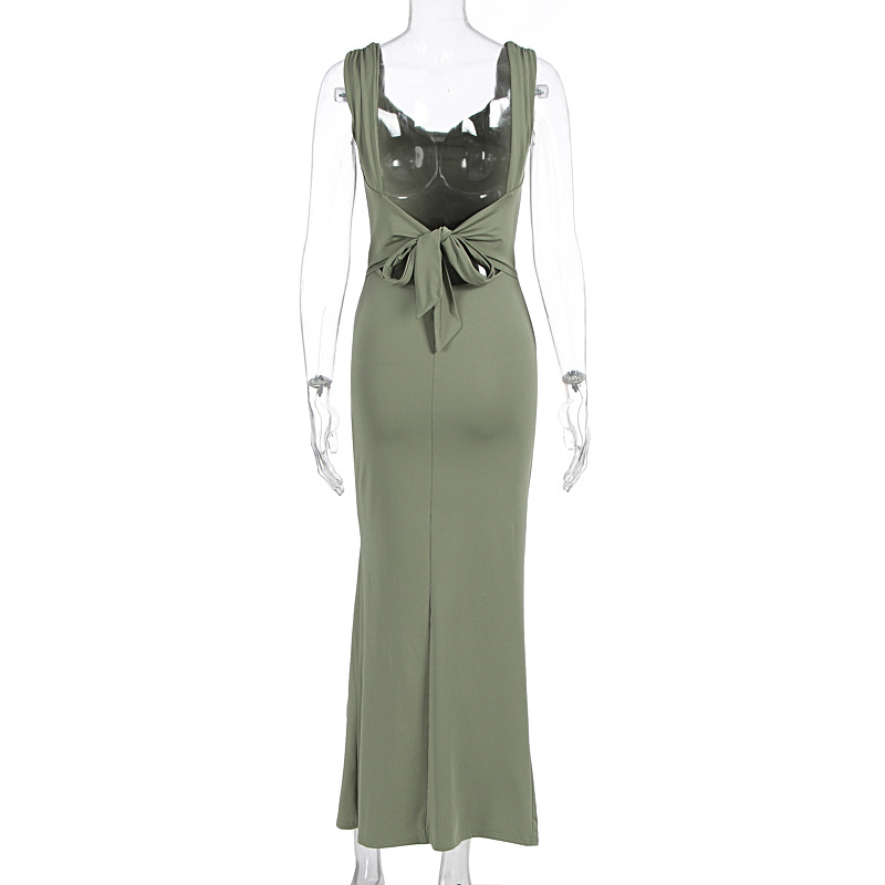 Sleeveless backless lace up slim slit dress