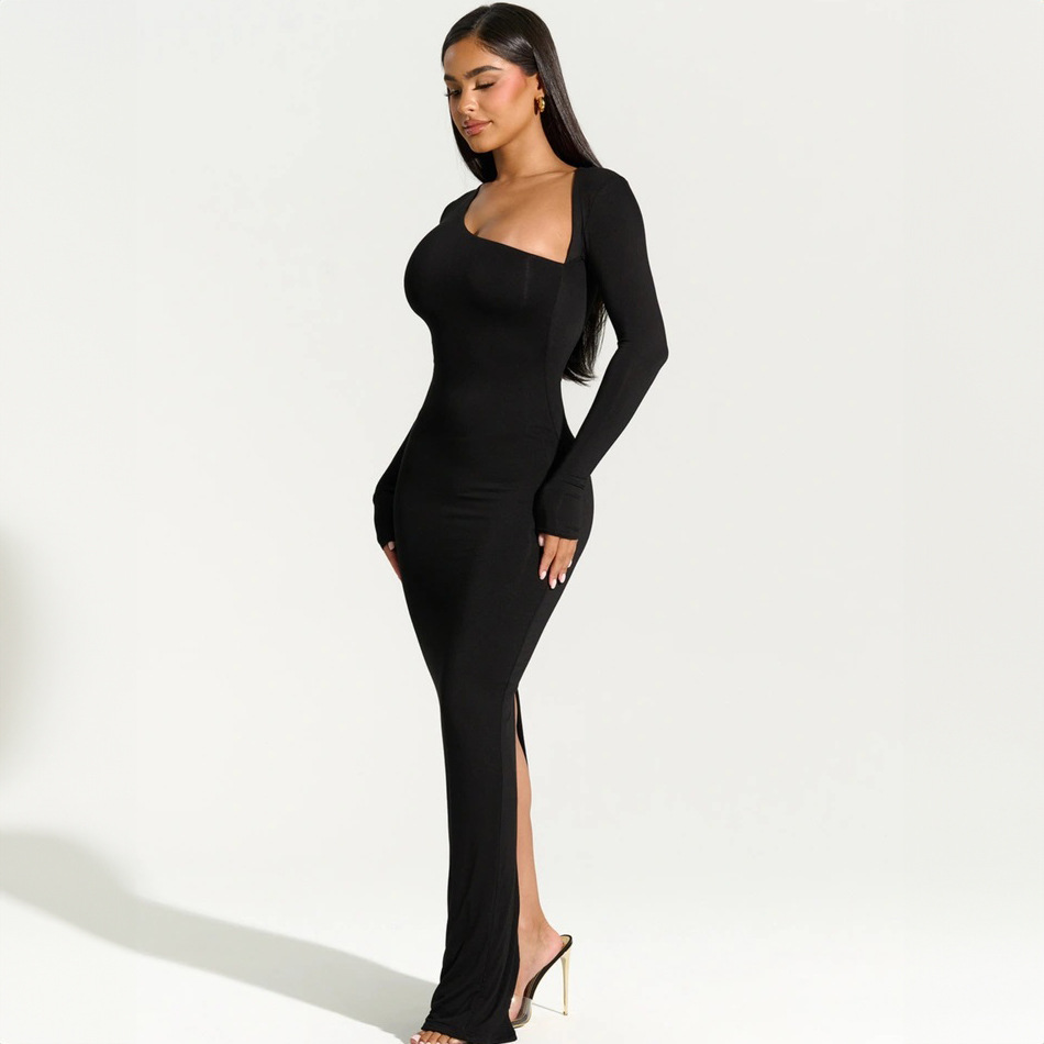 Full Sleeve Asymmetric Neck Straight Rear Slit Dress