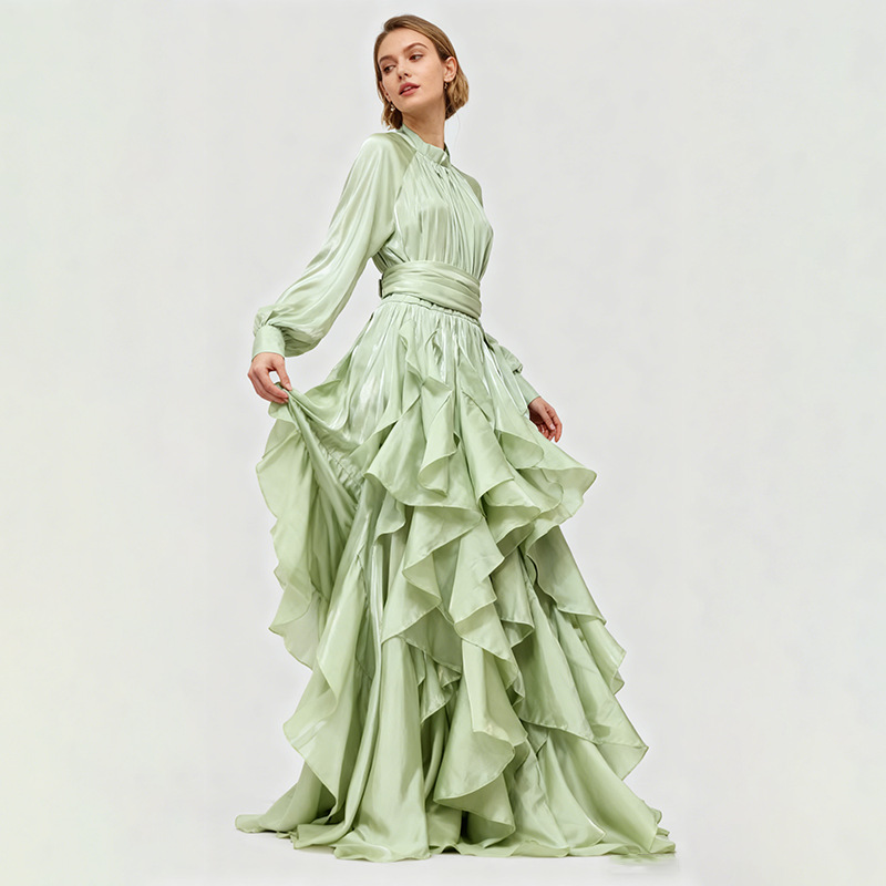 Cotton Blend Fit and Flare Ruffle Maxi Dress