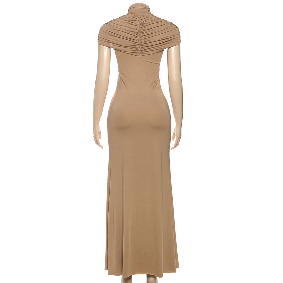Sleeveless Stand Collar Cutout Pleated Waist-Defined Bodycon Dress