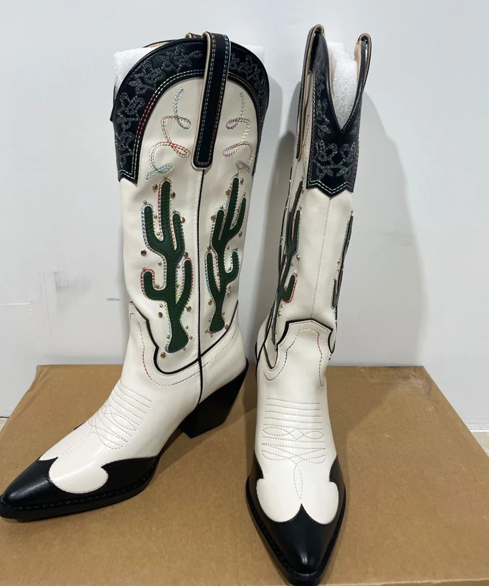 Western Cowboy Mid Calf Women Boots Chunky High Heels Cactus Vintage Cowgirl Long Boots Retro Shoes Woman