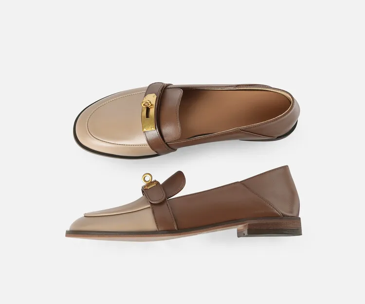 Blapunka Women Genuine Leather Loafers Designer Metal Lock Mix-color Slip-on Flat Shoe Ladies Spring Autumn Casual Comfort Flats