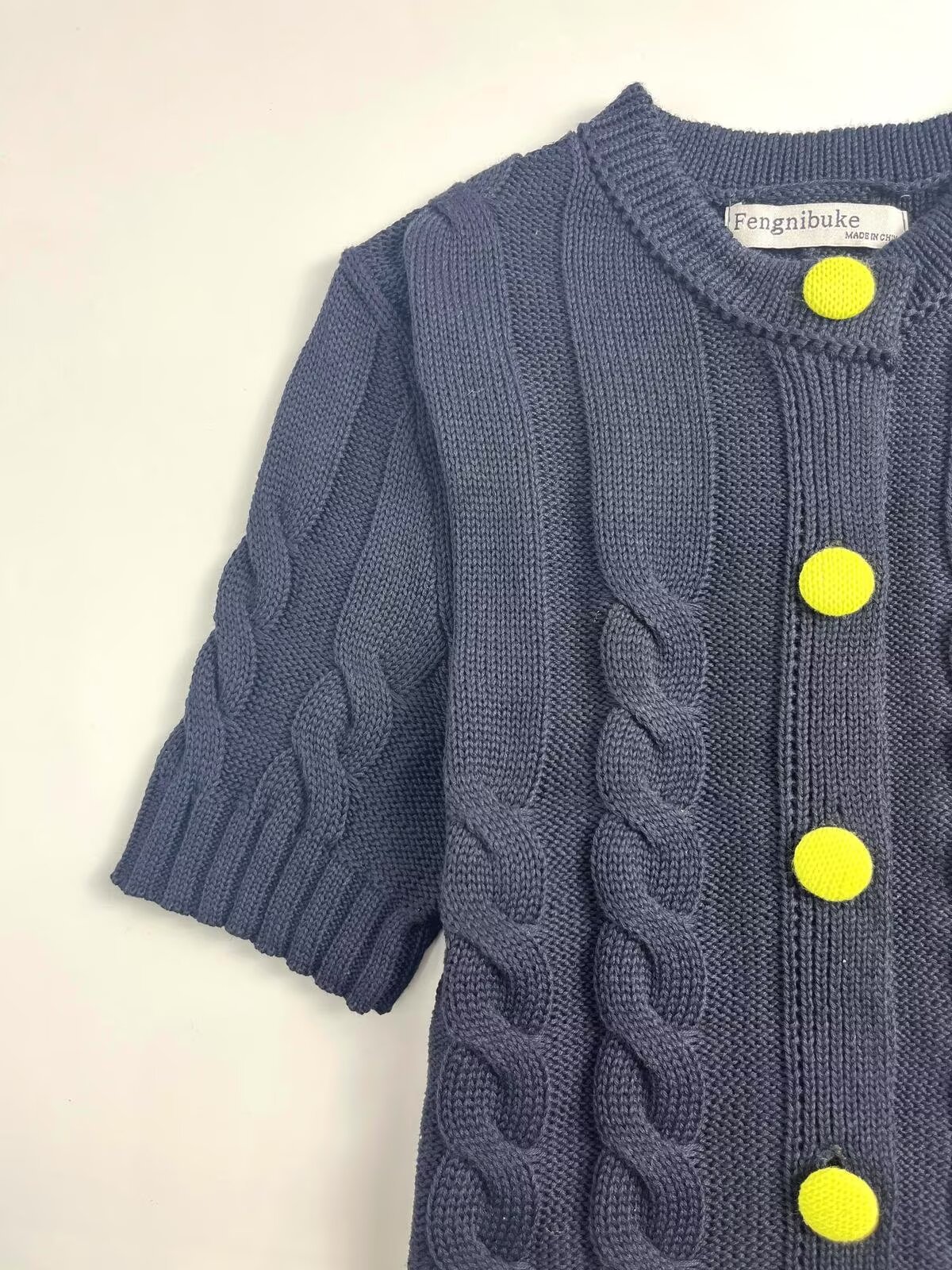 Solid Round Neck Three-Quarter Sleeve Cardigan