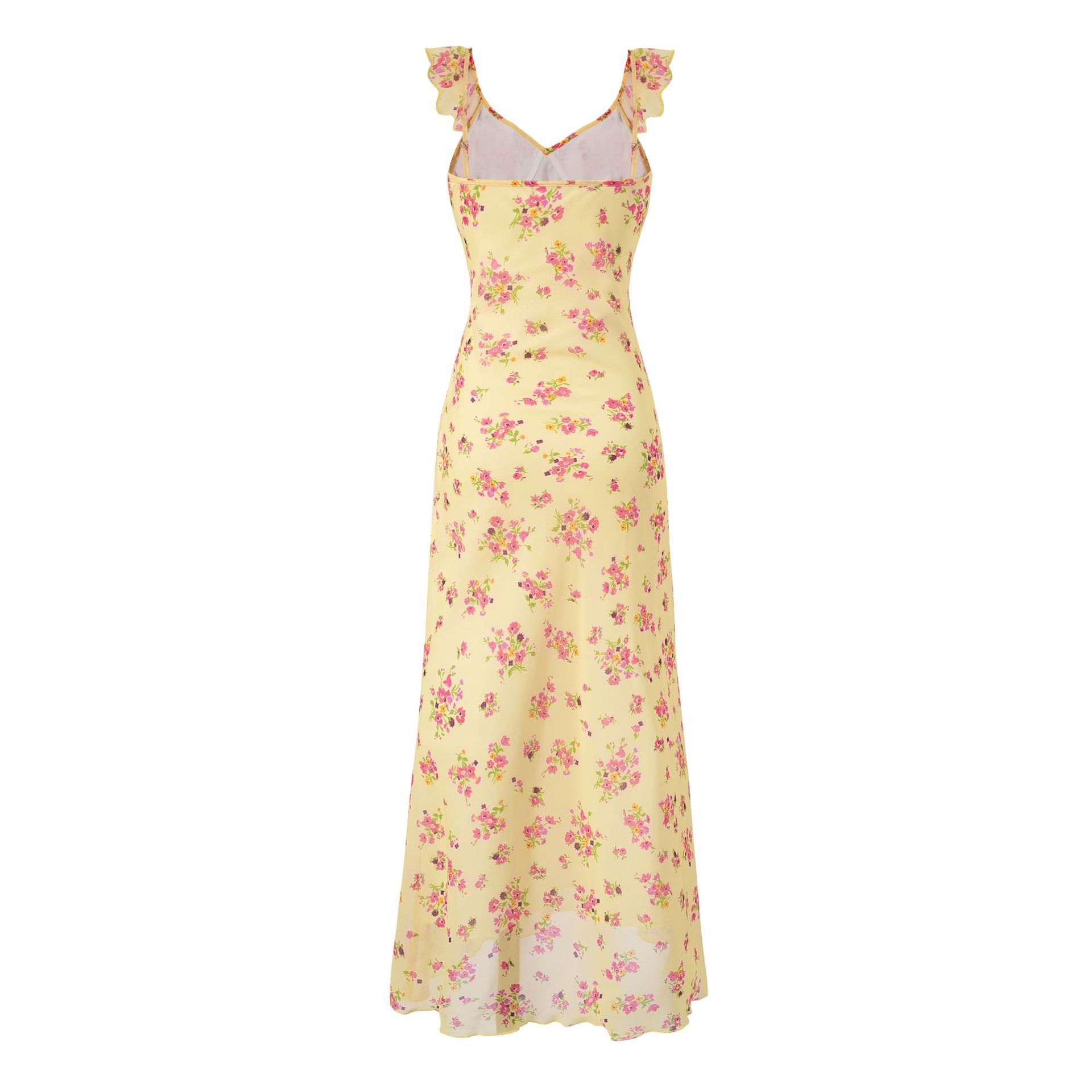 Yellow background printed long dress for women