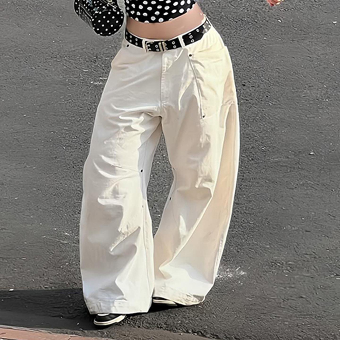 Unique Spicy Girl Women's Wide Leg Jeans with Rivet Decoration, Irregular Design, Loose Fit Casual Long Pants for Women