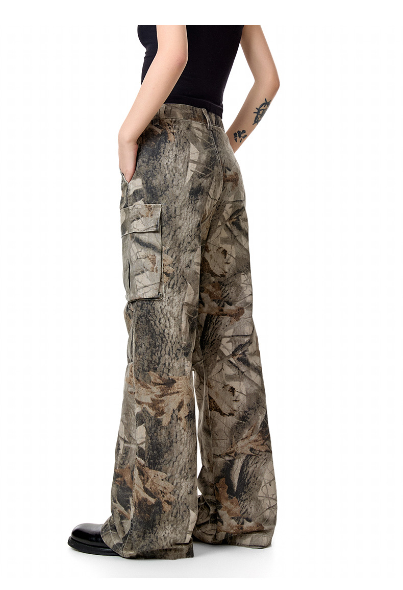 Distressed Camouflage Print Casual Pants Workwear Multi-Pocket Straight Loose Long Pants