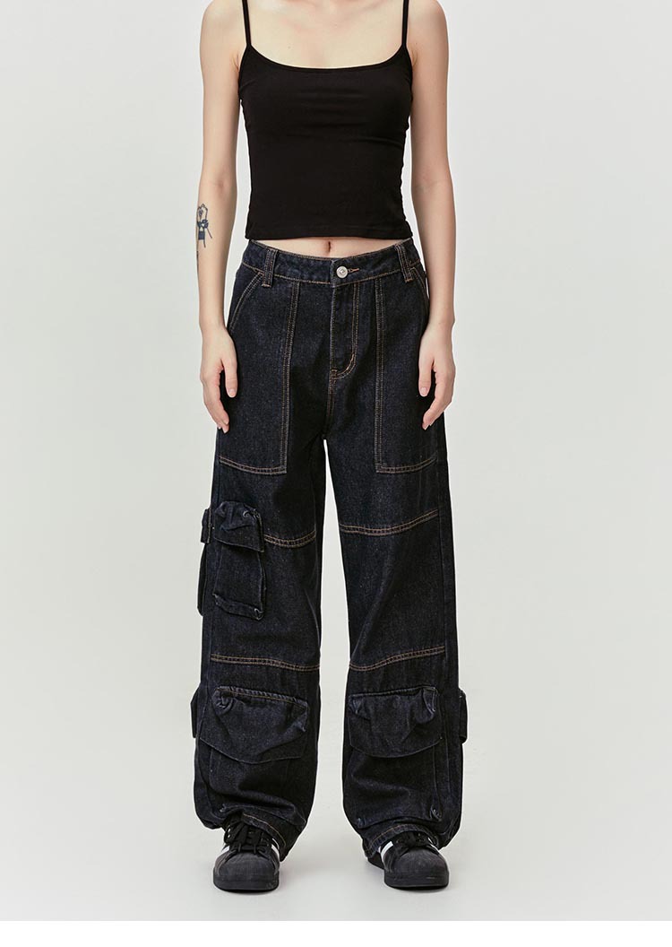 Washed Leg White Faded Multi-Pocket Straight Tapered Jeans Long Pants