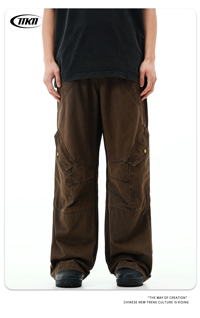 Work Pants with Adjustable Waistband and Large Pockets - Straight Leg Casual Trousers