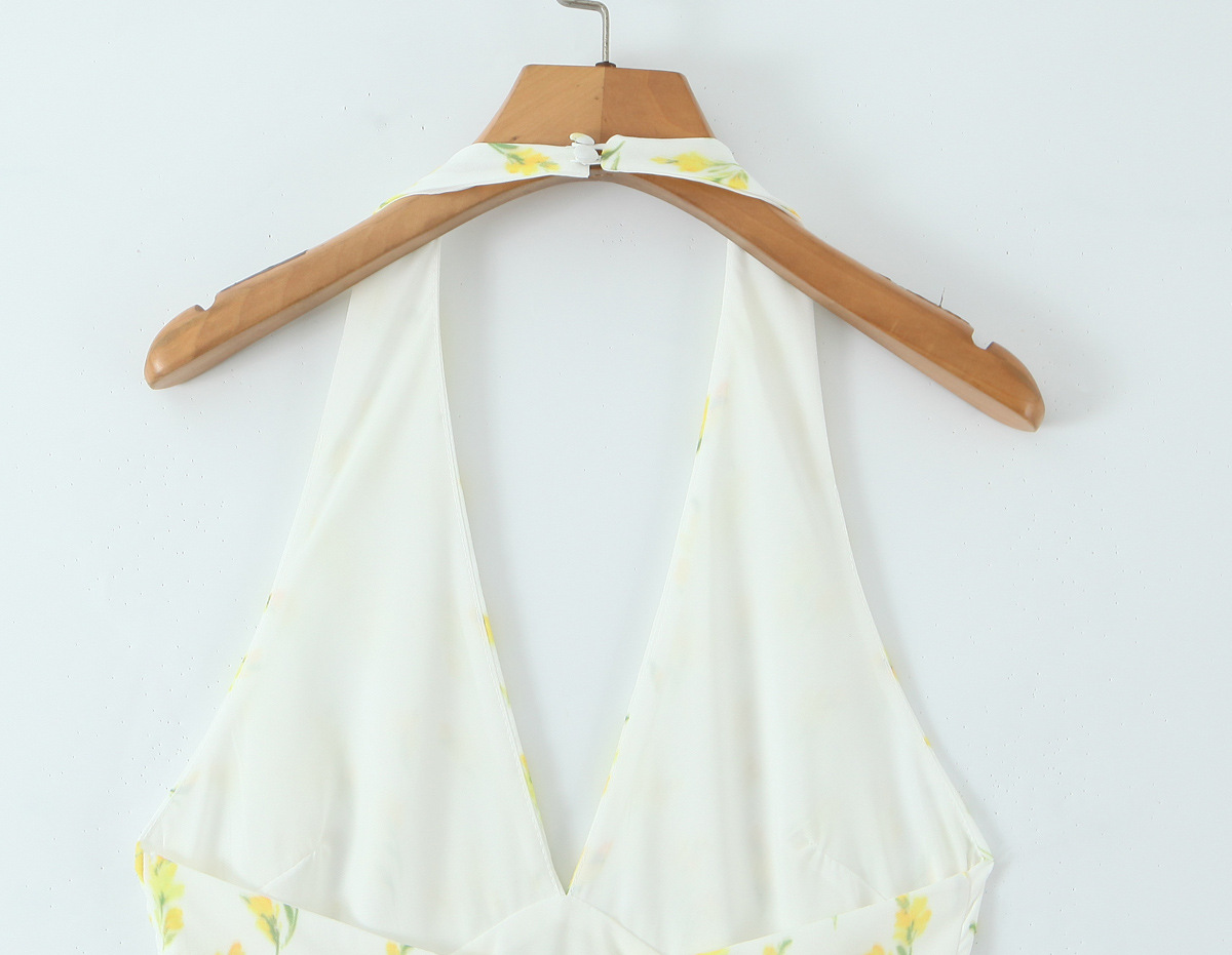 Printed deep V backless hanging neck waist dress