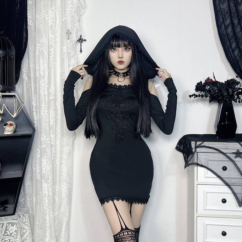 High Waist Hooded Fitted Jacquard Dress