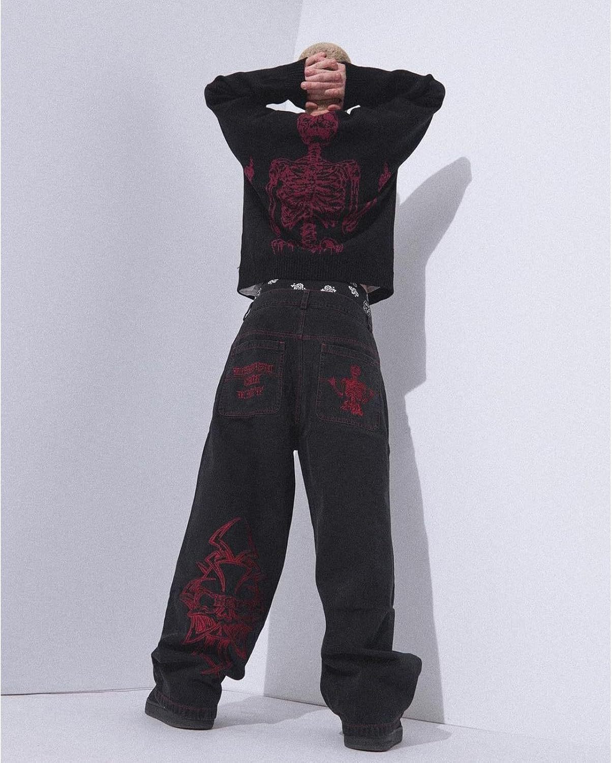 Retro hip-hop goth straight leg loose wide leg skeleton embroidered washed denim jeans for men