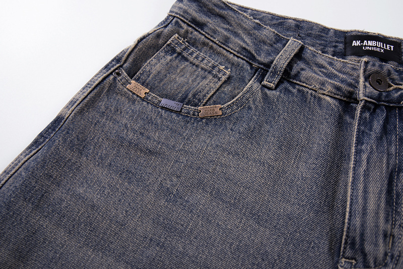 Washed Gradient Knife-Edge Denim Pants Men Streetwear High-Street Vibe Loose Straight Leg Wide Leg Pants