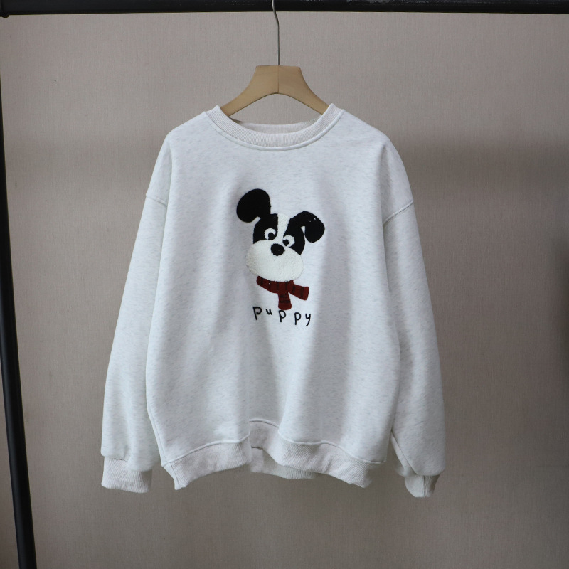 Casual Cartoon Embroidered Fleece Lined Thick Hoodie for Women Round Neck