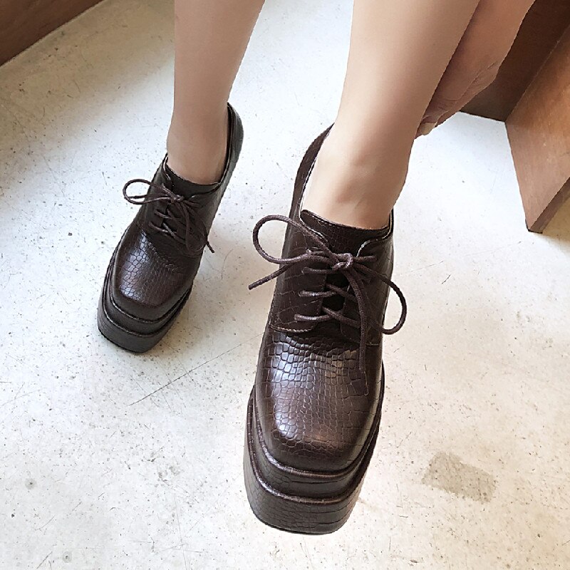 Women Pumps Brand Fashion New Square Toe Platform Thick High Heels Lace-Up Shoes Party Office Ladies