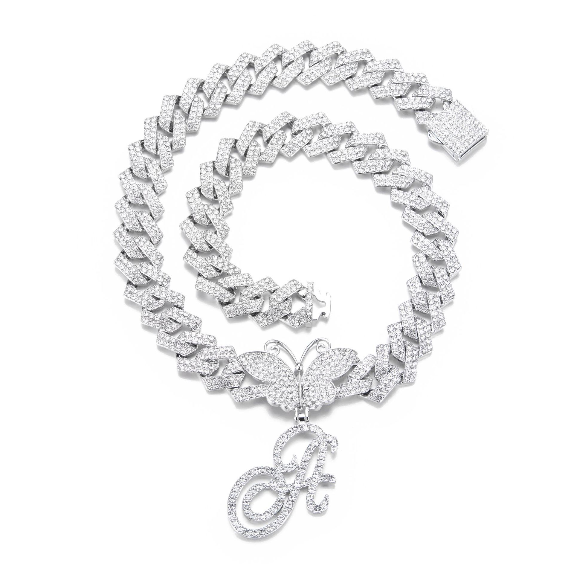 18inch Cuban Chain Butterfly Letter Full Diamond Pendant Cuban Chain Personalized Exaggerated Thick Chain Hiphop Jewelry