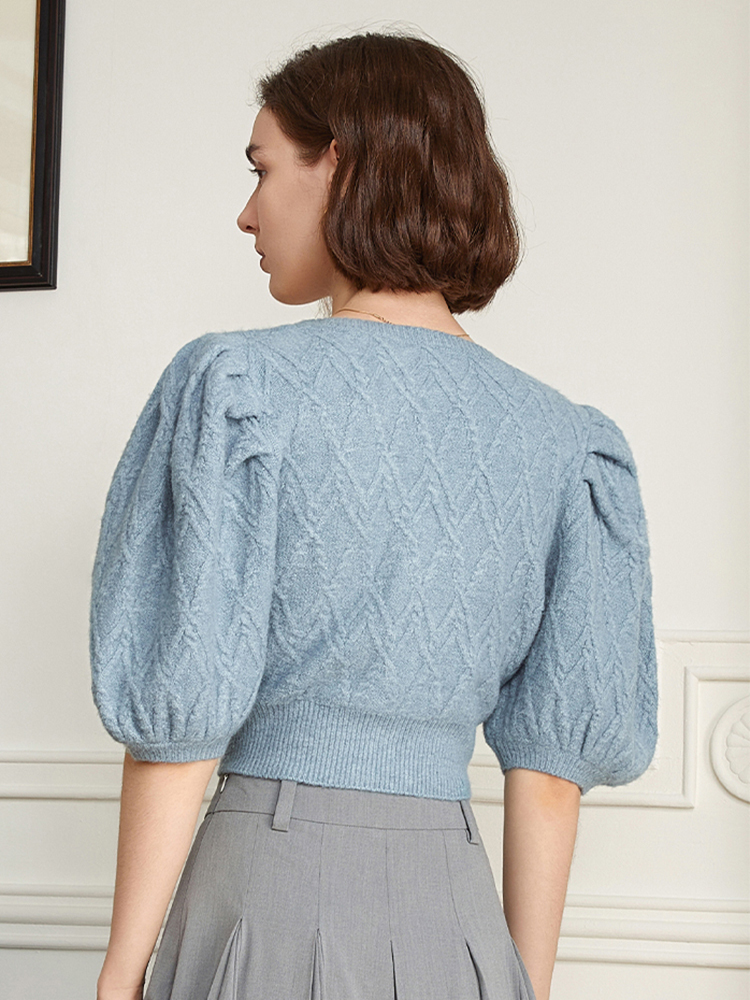 Plain Acrylic Plunge Puffed Button-Front Fitted Cardigan