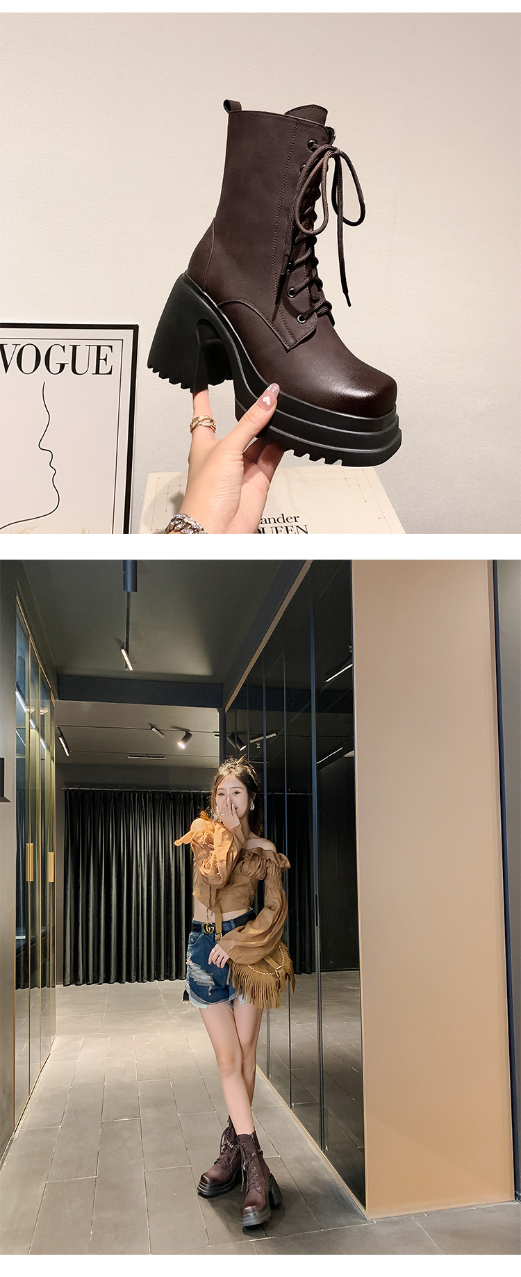 Women's Genuine Leather Autumn Winter Shoes Chunky High Heels Platform Black Brown Punk Dress Party Casual Lady