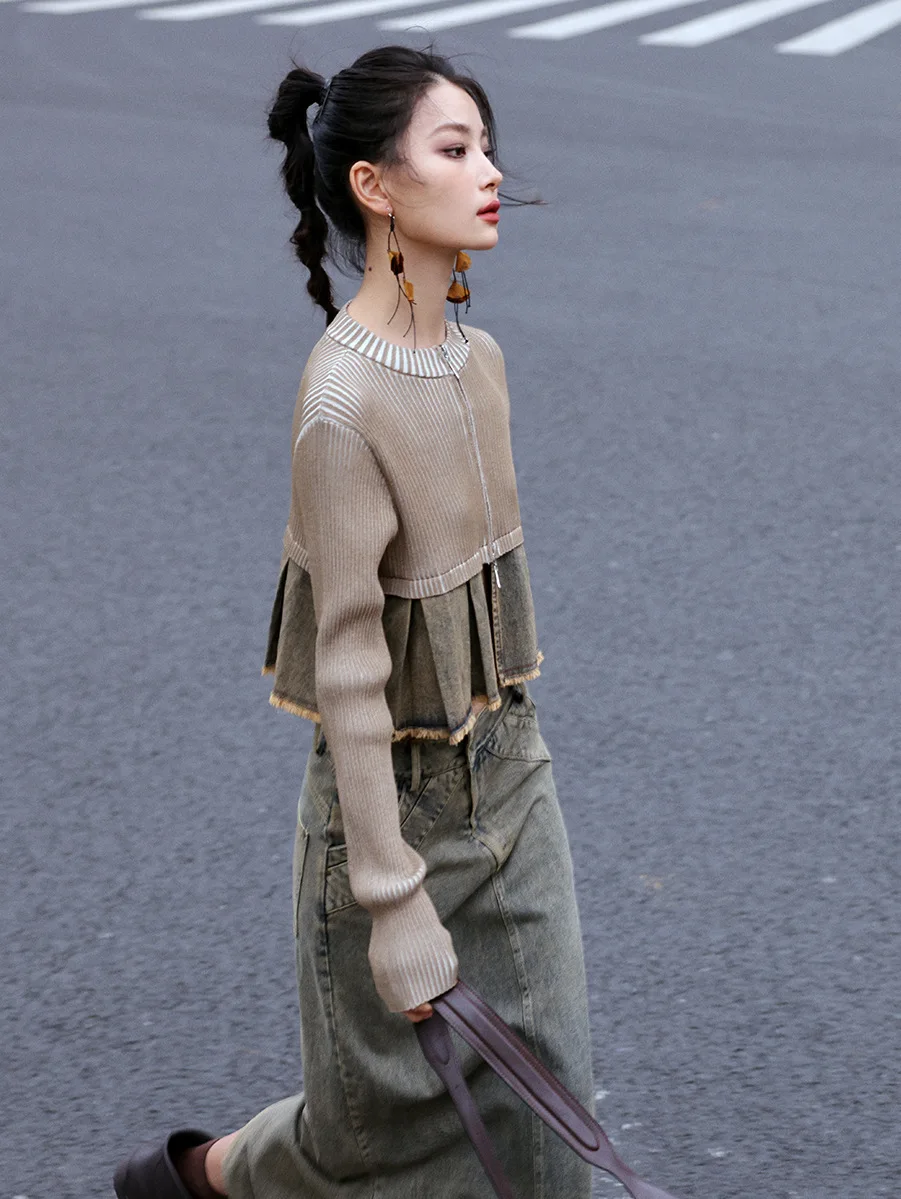Textured Front Closure Cardigan With Gathered Bottom