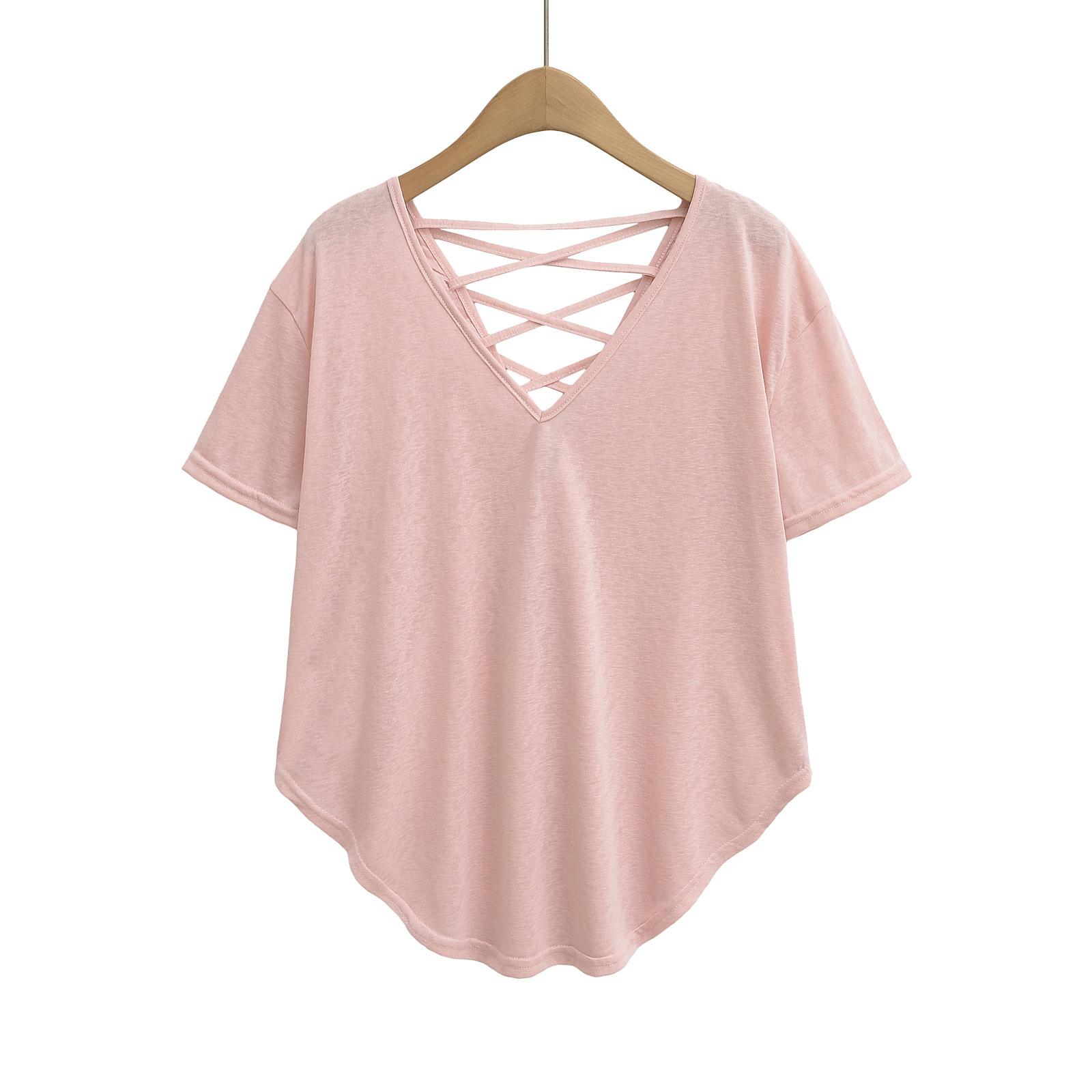 Tie Rope V-Neck Short Sleeve Loose Casual T-Shirt