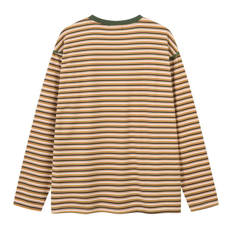 Retro Front Handmade Knitting Craft Round Neck Striped Long Sleeve T-Shirt Top College Style Couples Wear
