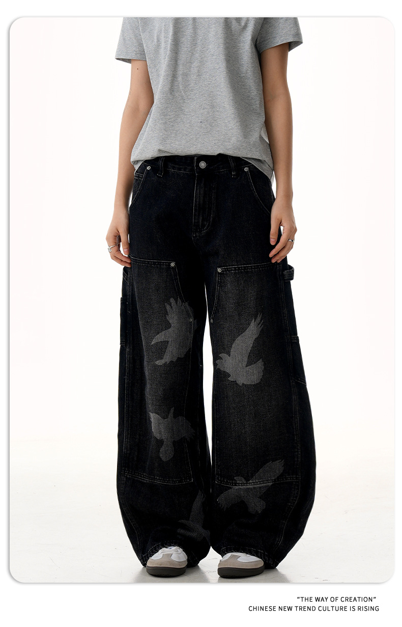 Jeans with Pigeon Pattern for Men and Women, Loose Fit Wide Leg Trousers