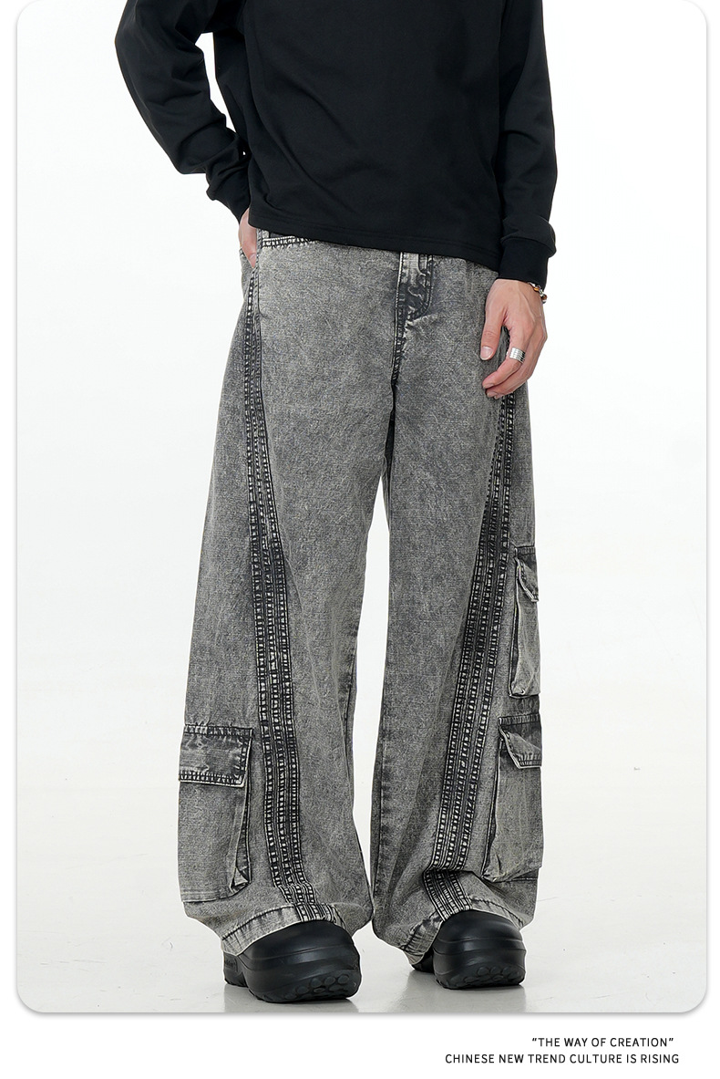 Washed Gray Workwear Jeans with Multiple Pockets for Men and Women