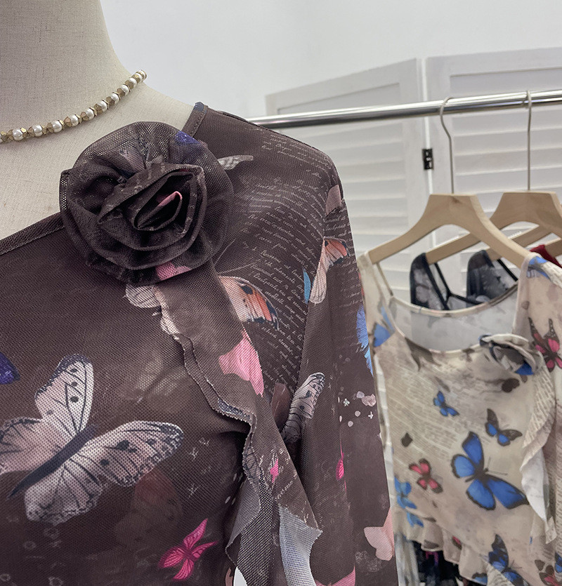 Asymmetric Pointed Floral Off-Shoulder Full Sleeve Top