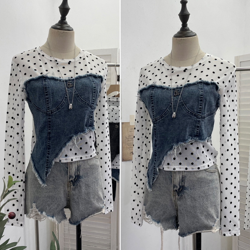 Asymmetric Distressed Jean Tailored Cropped Wrist-Length Tee