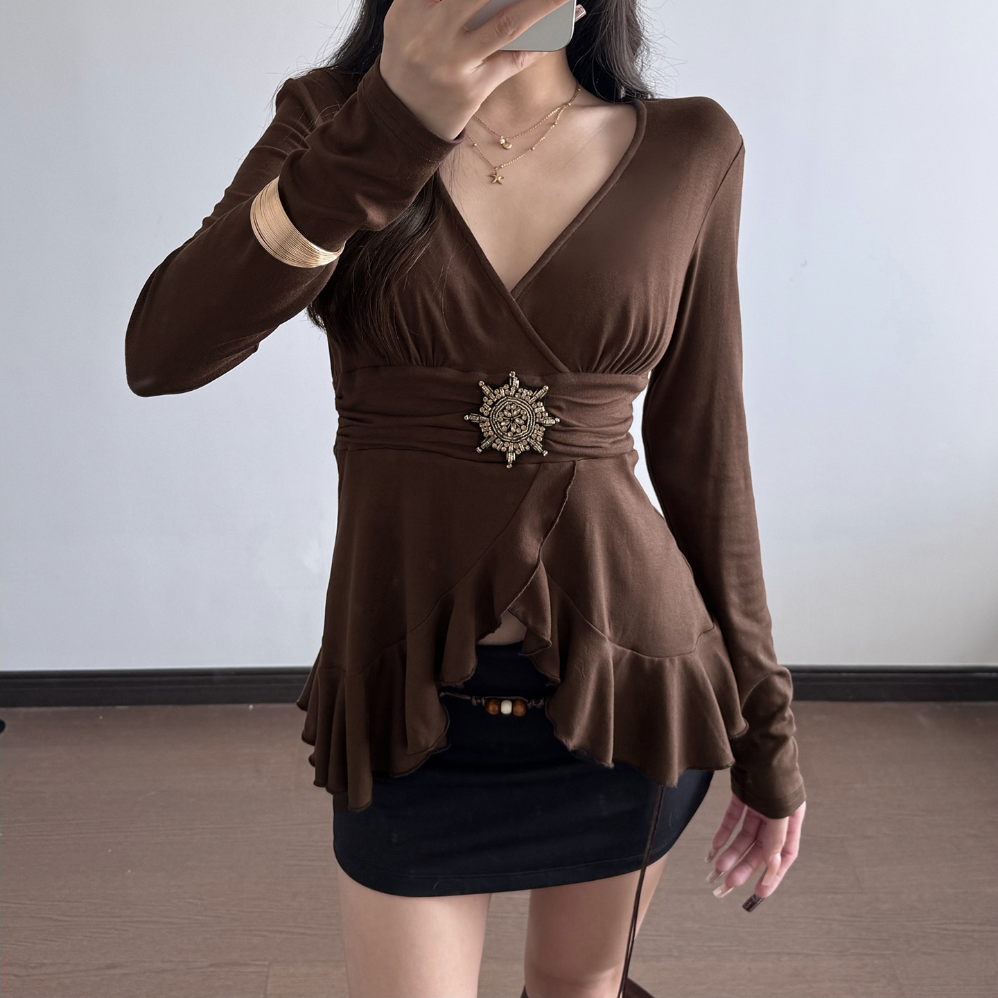 Solid Flounce Long Sleeve Short Tee Metallic Trim