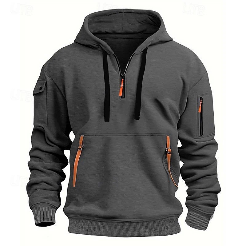 Loose Warm Men Hip-Hop Striped Cargo Zip Hoodie