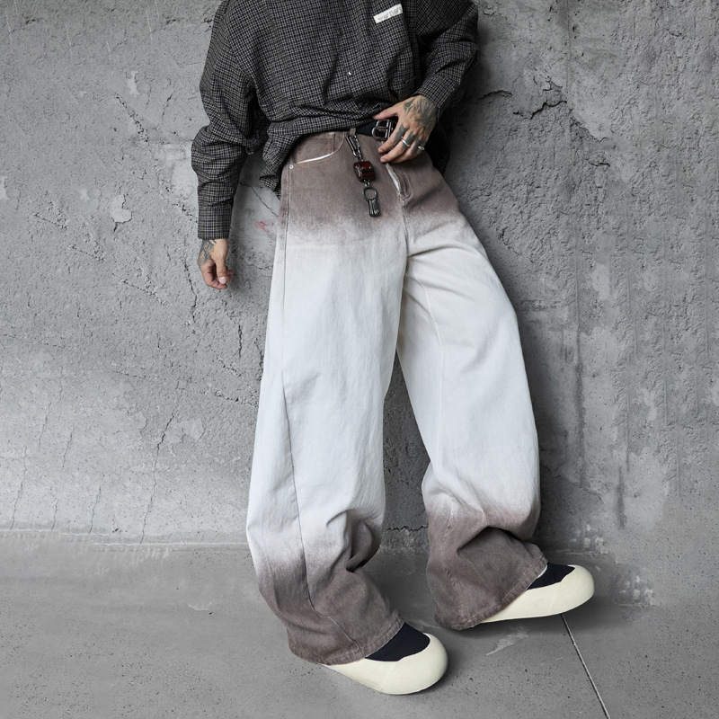 Retro Style Washed Ombre Color Knife-Edge Jeans for Men and Women, Loose Floor-Length Wide Leg Pants