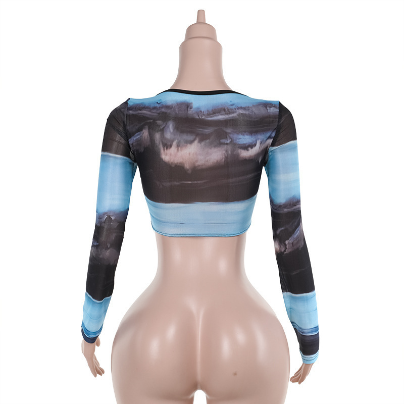 Long Sleeve Polyester Geometric Net Fitted Blouse