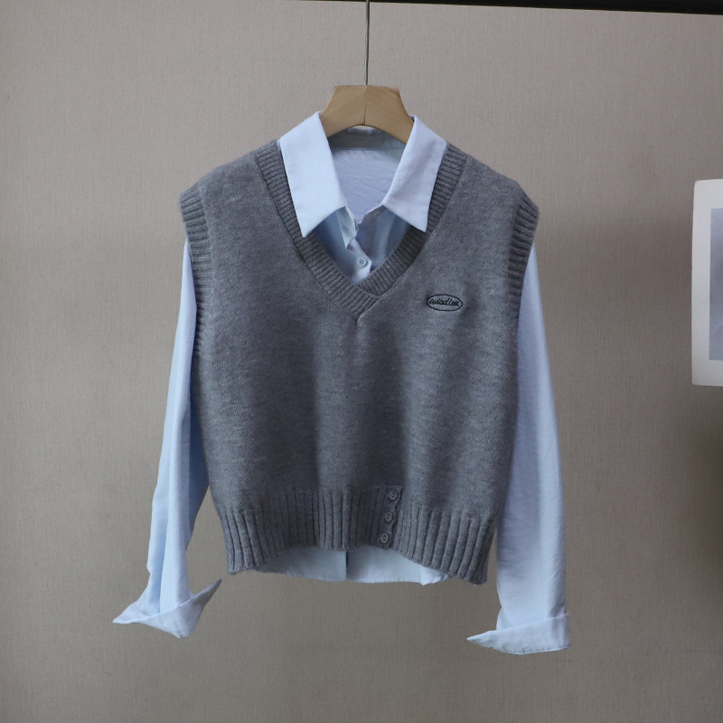 Fashion Two-Piece Set Shirt + Letter Embroidered Knit Vest for Women