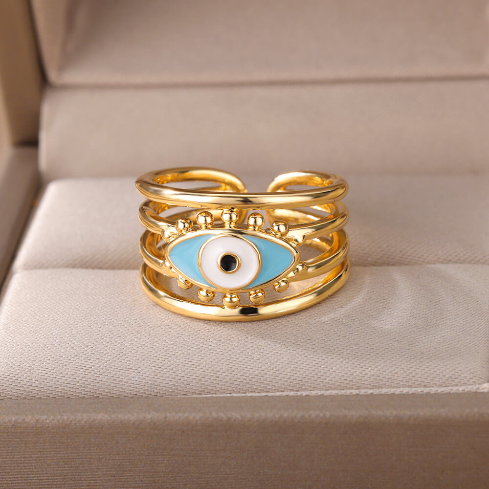 Turkish Zircon Evil Eye Rings For Women Open Adjustbale Gold Plated Stainless Steel Ring Couple Rings Wedding Jewelry Bague