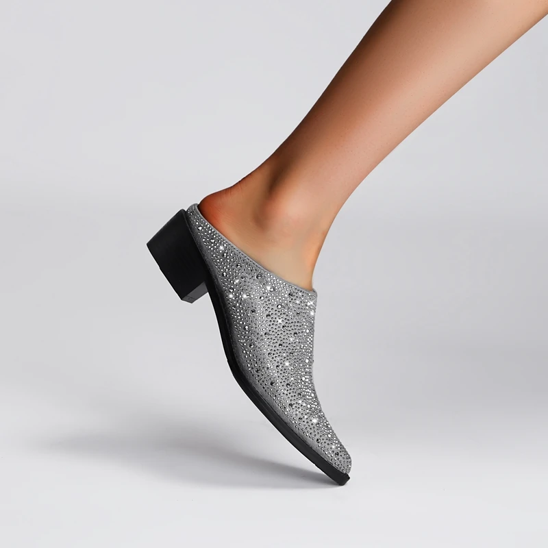 Ladies Tapered Toe Chunky Suede Crystal Mules
