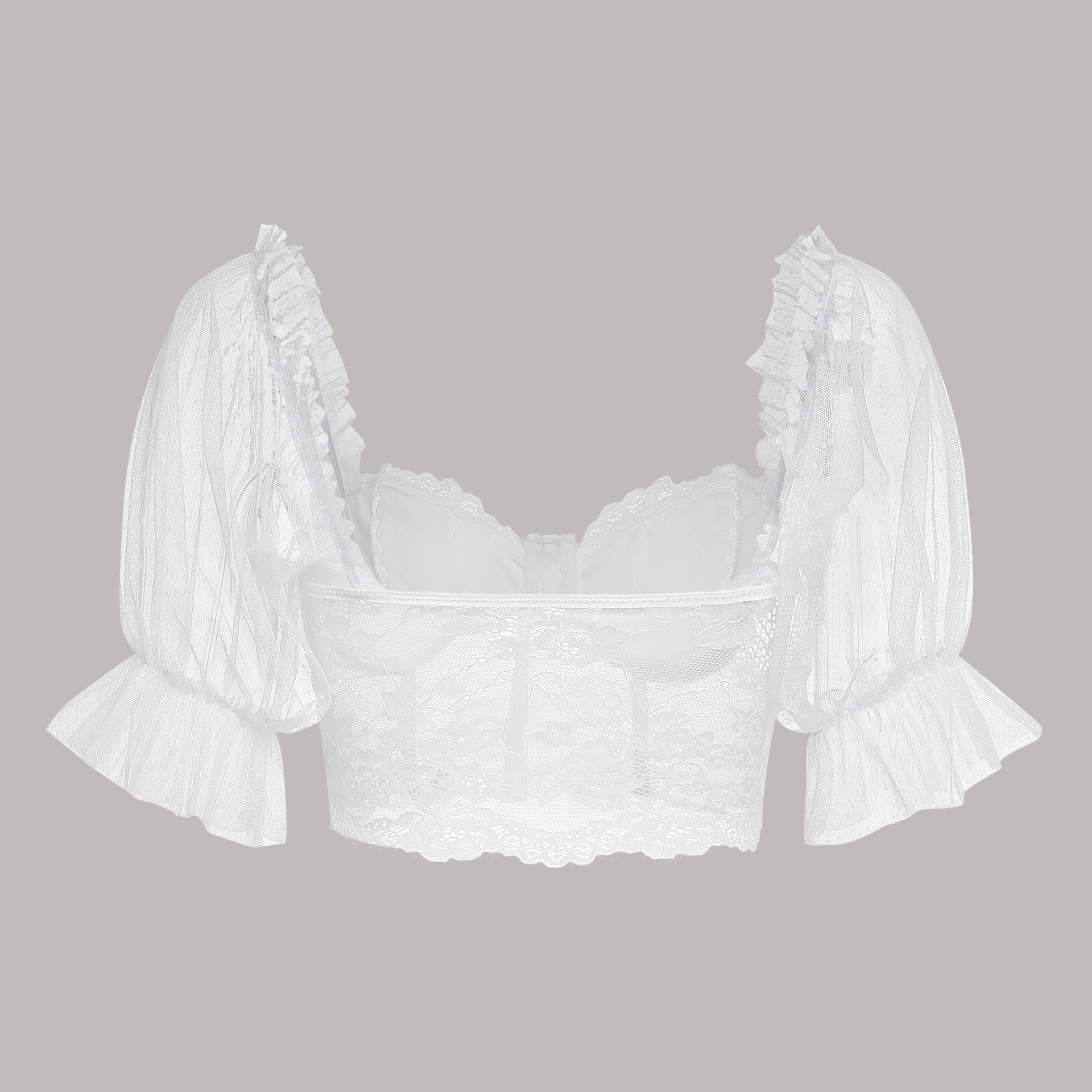 Lace steel ring fishbone top with polka dot bubble sleeves short women's t-shirt